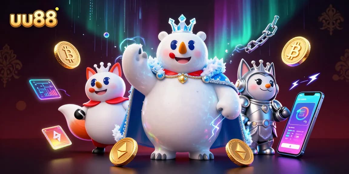 Experience uu88's thrilling casino adventures with 3D characters surrounded by crypto elements.
