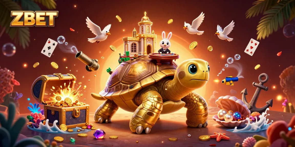 ZBET offers exciting gameplay within a lavish casino setting on a golden tortoise.