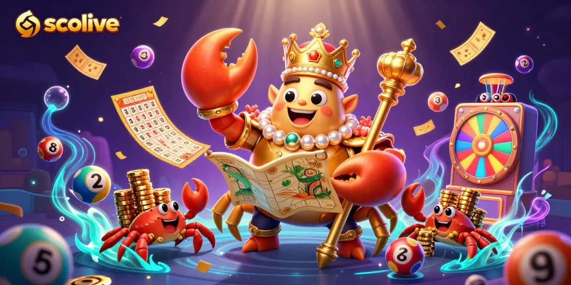 Socolive showcases an emperor crab in a vibrant casino scene with energetic lottery elements, emphasizing winning moments.