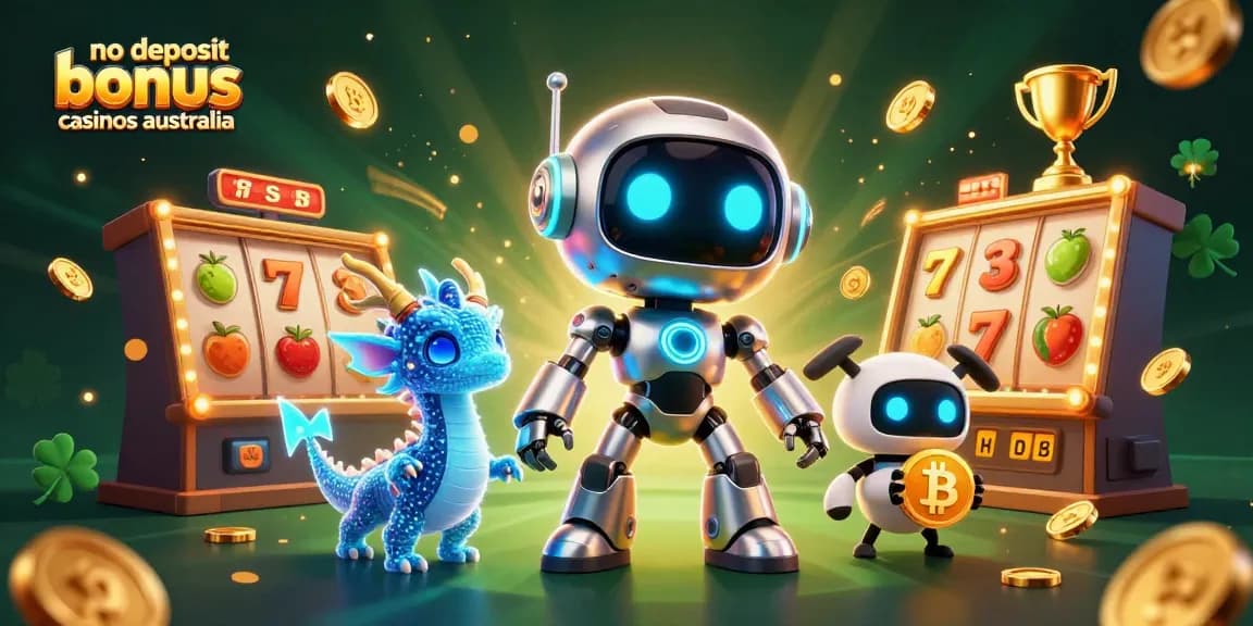 No deposit bonus casinos Australia visualizing a dynamic gambling scene with fun 3D characters and casino elements.