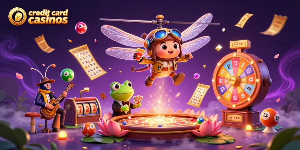 Engage with exciting credit card casinos featuring a unique dragonfly pilot, frog dealer, and lively music band.
