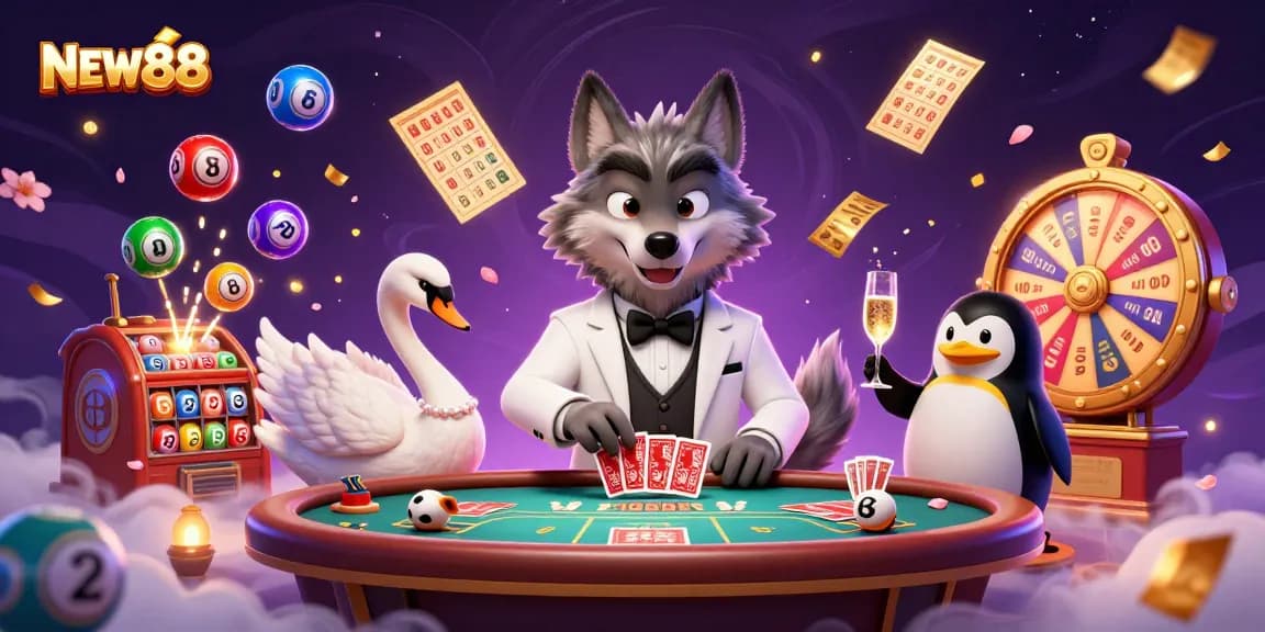 Experience the vibrant casino atmosphere with NEW88 featuring dynamic characters and exciting game elements.
