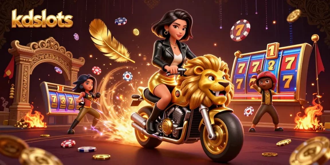 Experience thrilling kdslots action with a glamorous Asian woman on a golden lion mascot in a vibrant casino scene.