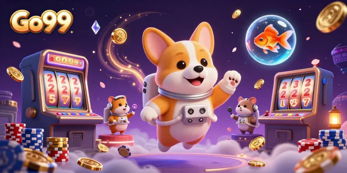 Experience the excitement of Go99 with floating poker chips and slot machines in this colorful digital casino scene.