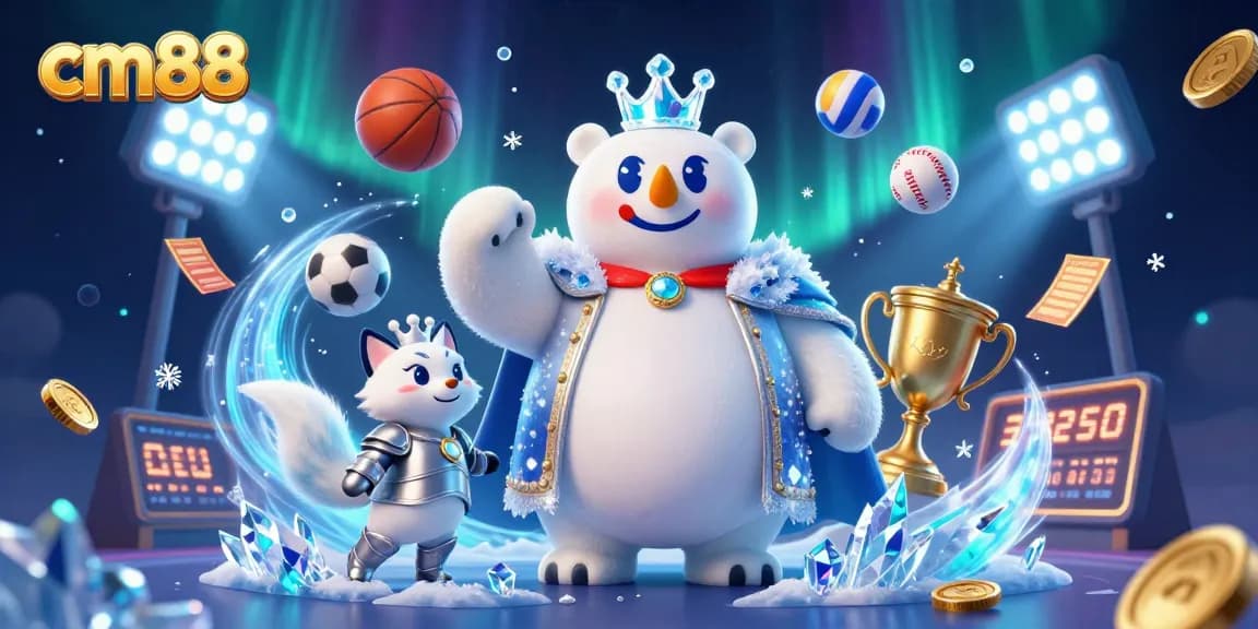 Bet sporting action with cm88 featuring 3D cartoon ice king and snow fox in dynamic casino scene.