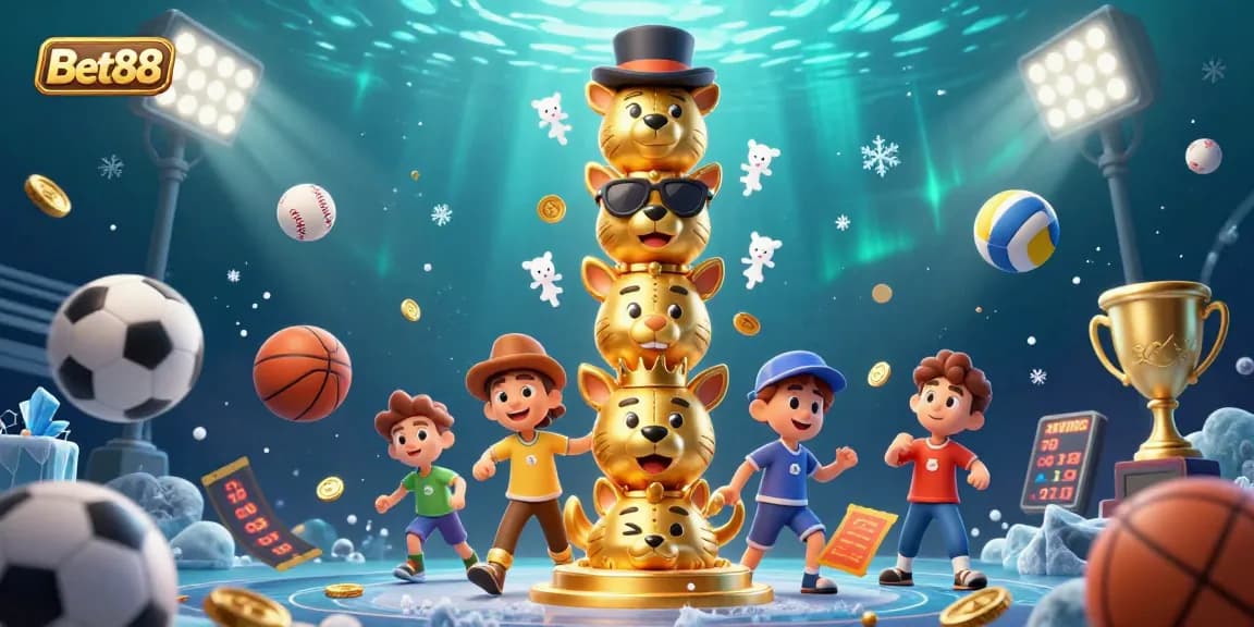 Experience dynamic sports action at Bet88's 3D casino with vibrant characters and lively gambling elements.