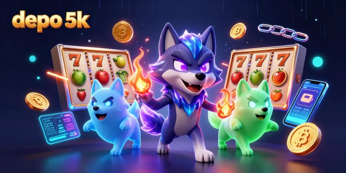 Menangkan permainan di depo 5k dengan karakter serigala dan simbol slot beruntung di latar belakang yang menakjubkan.