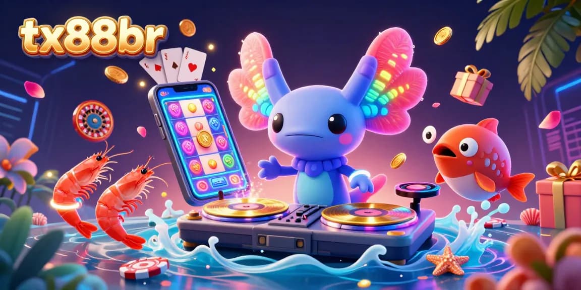 Experience excitement at tx88br with a vibrant scene featuring a DJ axolotl and dancing shrimp amidst a colorful casino environment.