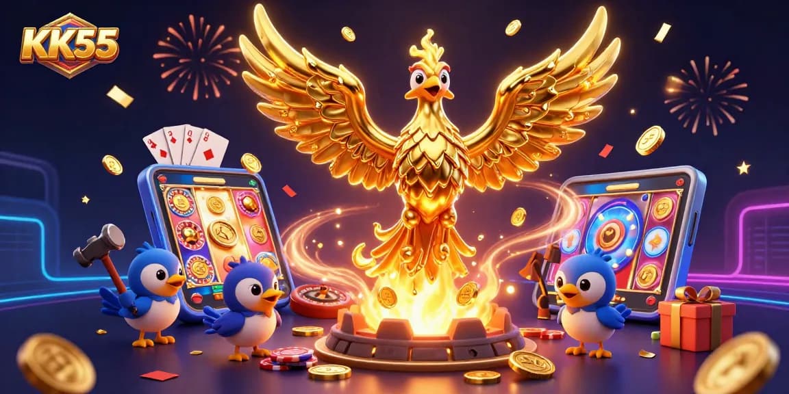 Spin the reels and win with KK55's vibrant casino-themed 3D illustration