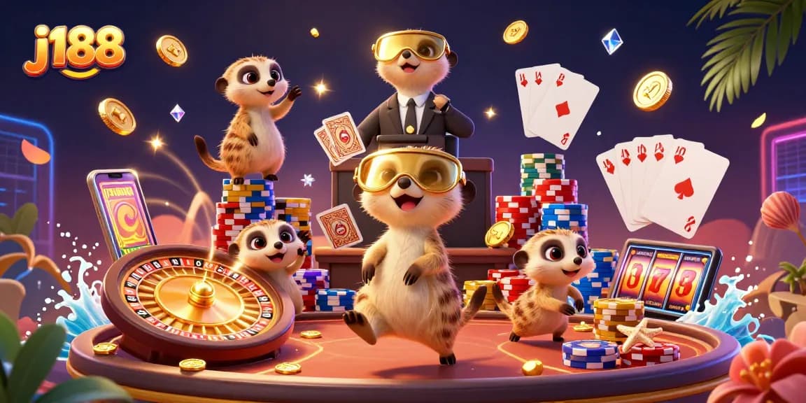 Experience the excitement of j188 as meerkats gamble energetically in a vibrant casino scene.