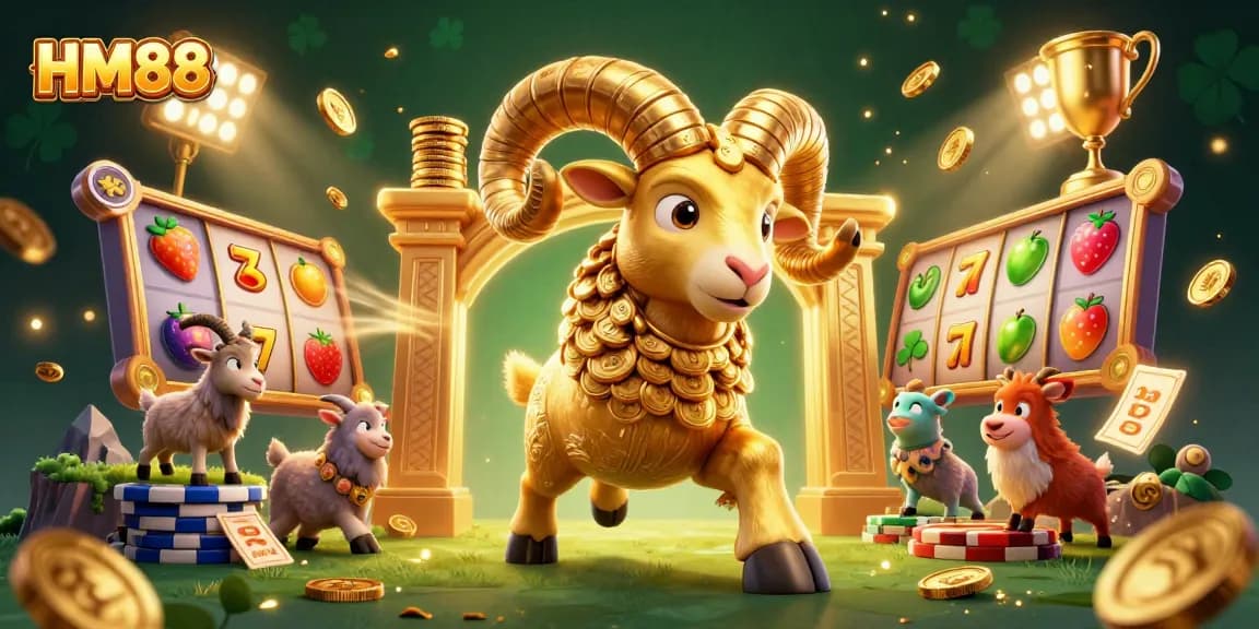 Engage with your luck at HM88 in an exciting slot game scene featuring dynamic gold coins and spinning reels.