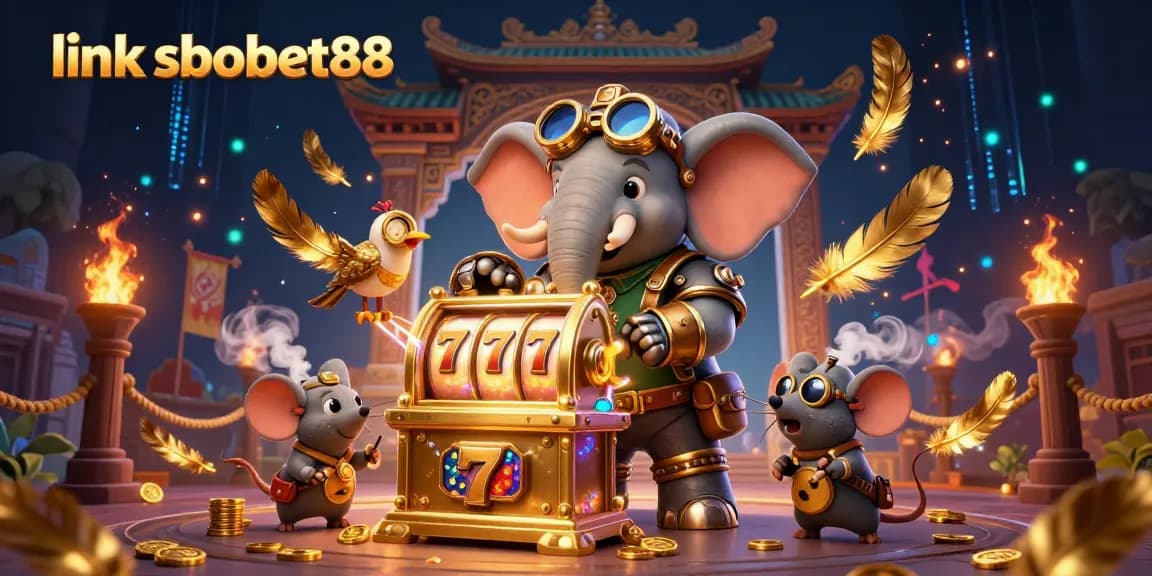 Discover exciting gaming action at link sbobet88 with a steampunk elephant and golden slot machine.