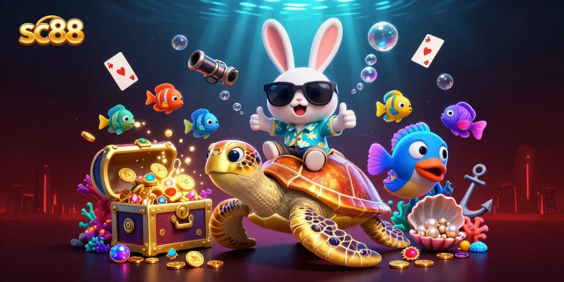 Experience the vibrant underwater world of sc88 as the rabbit and turtle celebrate with treasure and games.