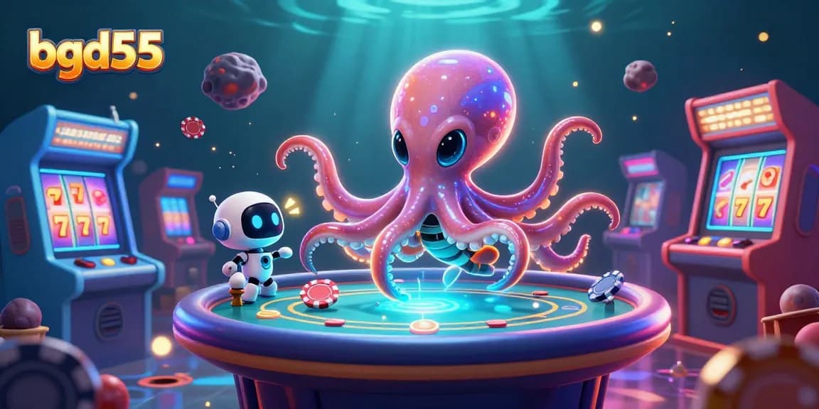 Engage in thrilling gameplay at bgd55 with an alien octopus dealing poker on a vibrant holographic table.