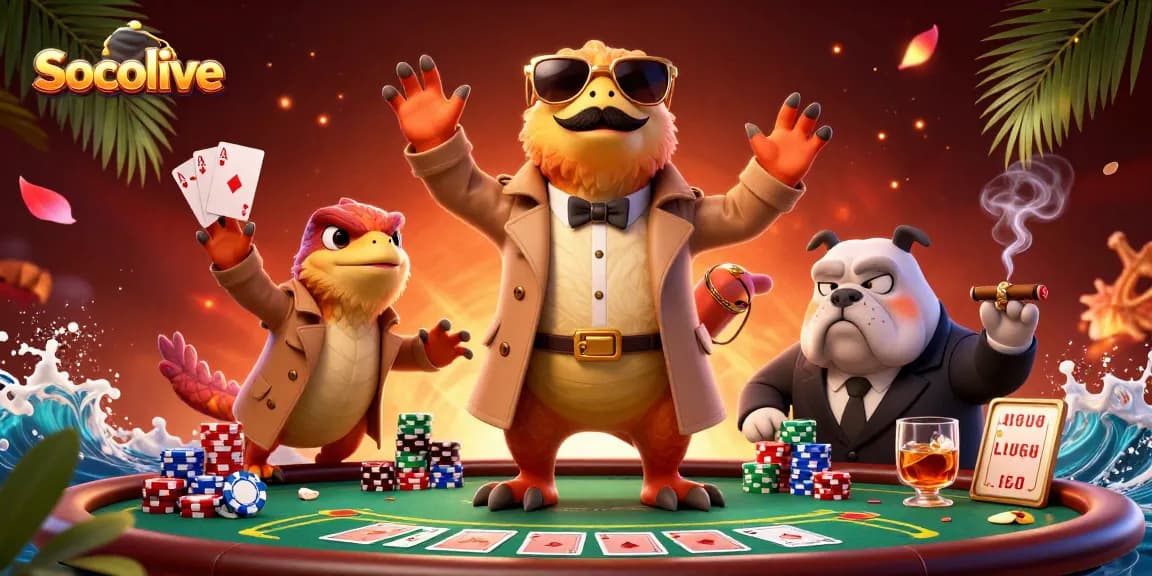 Socolive showcases raptors in a trench coat attempting to enter a casino while bouncers squint in skepticism, enveloped in striking 3D detail.