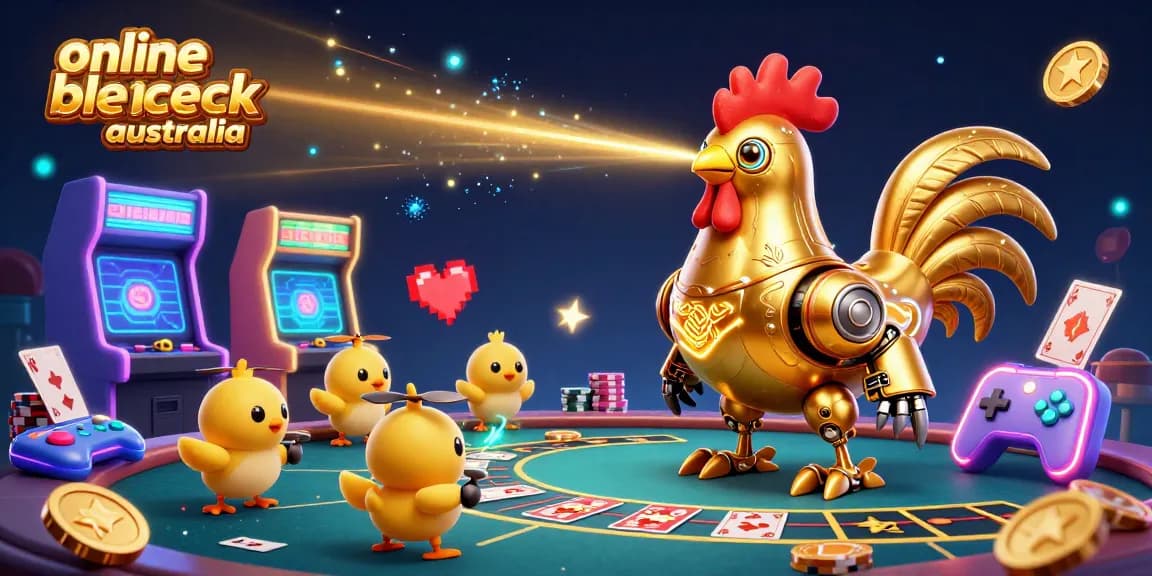 Experience online blackjack australia with dynamic characters and casino elements in this vivid 3D illustration.