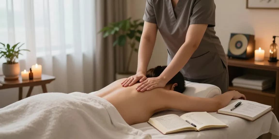 Relaxing 창원마사지 session in a soothing spa room with candles and essential oils.