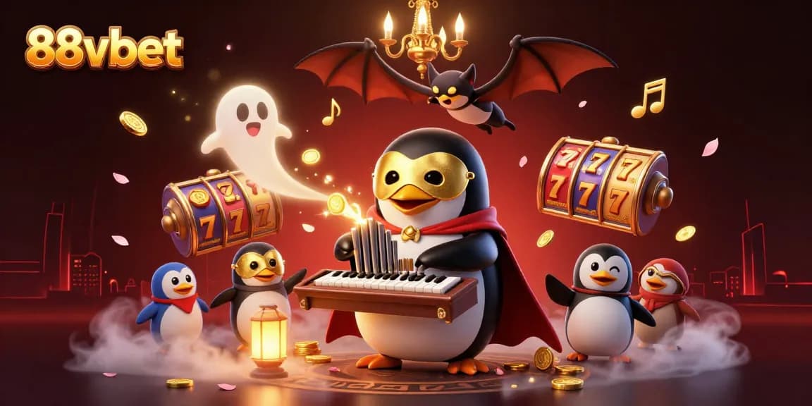 Experience thrilling wins with the 88vbet penguin playing slots, surrounded by golden elements.