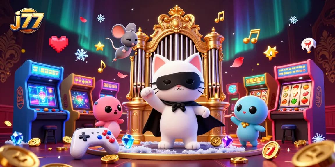 Experience the excitement at j77 with vibrant casino elements, a whimsical cat, and a dynamic scene.