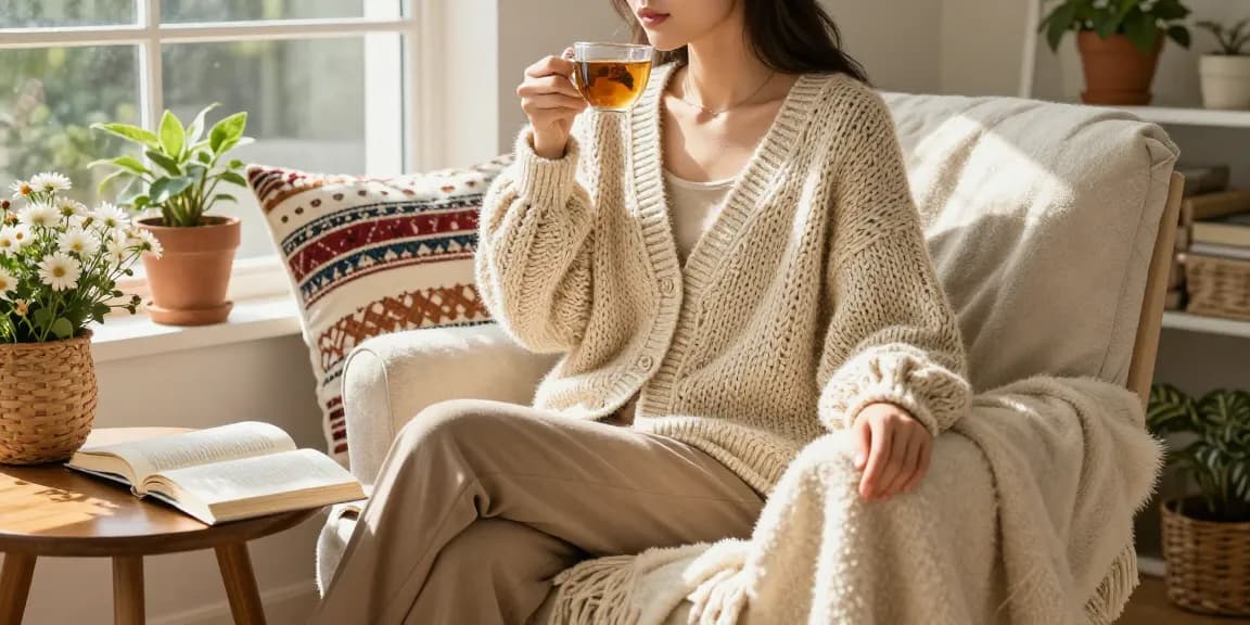 Handmade cardigan made from natural fibers, styled in a sunlit cozy home.