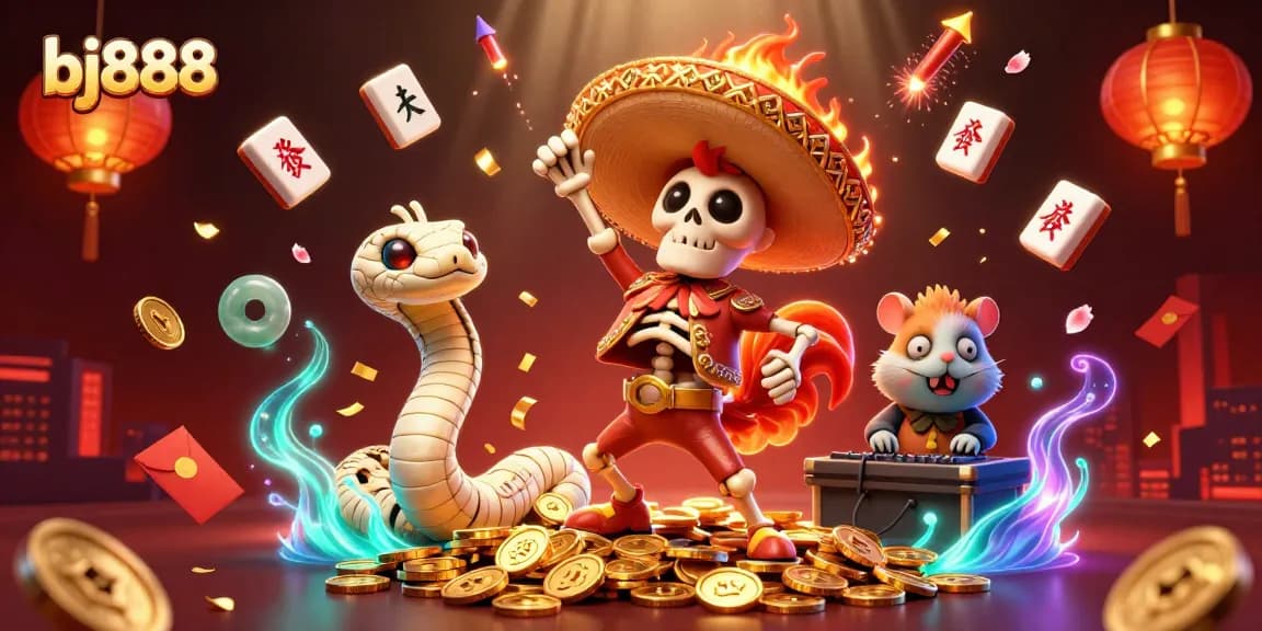 BJ888 showcases a festive cockfighting scene with a mariachi rooster dancing on gold coins surrounded by vibrant casino symbols.