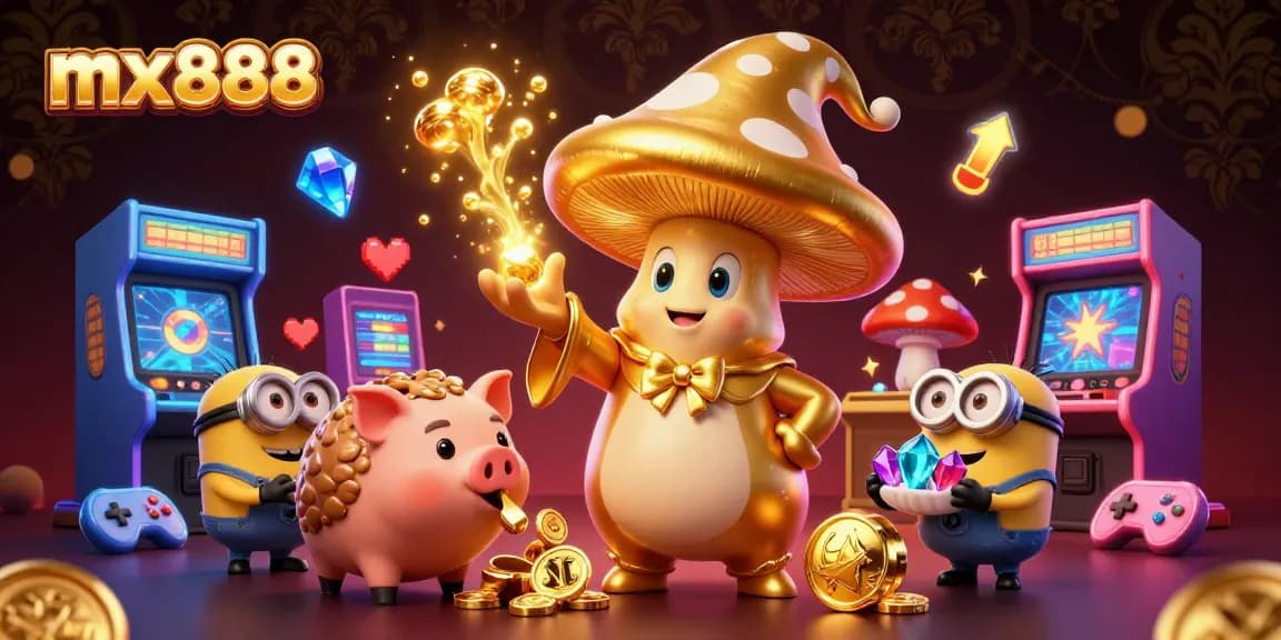 Experience exciting casino games with mx888, featuring a magical golden mushroom wizard and treasure-hunting elements.
