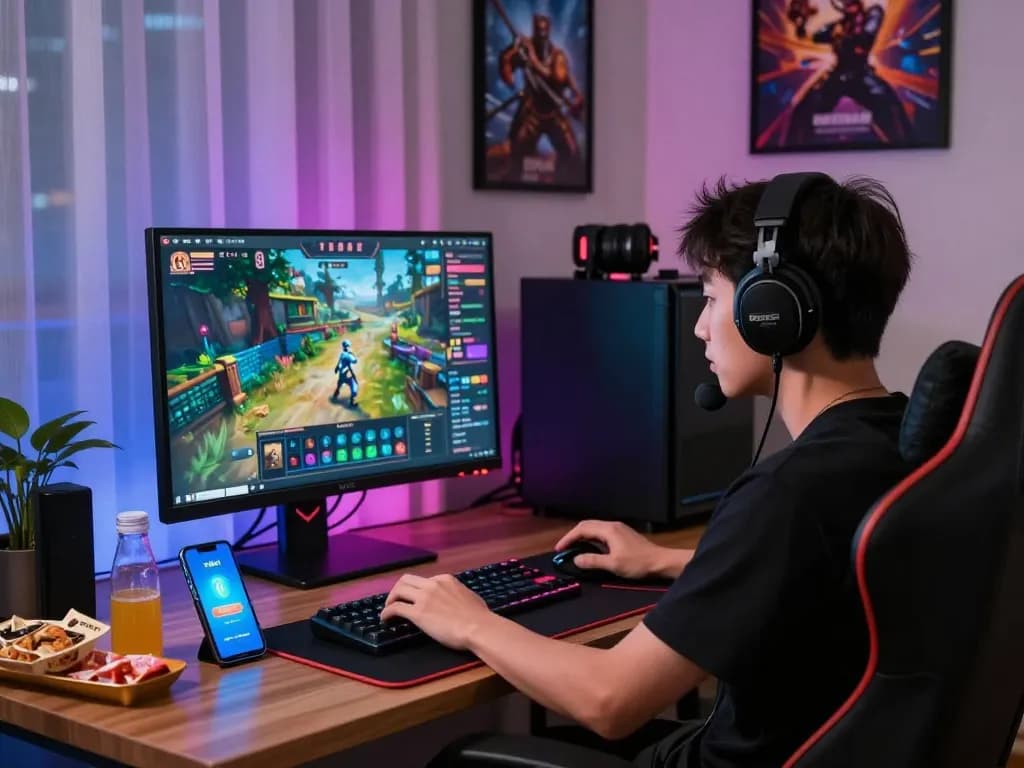 Engaged player setting up for đăng ký xibet session at modern gaming desk with colorful lights and snacks.