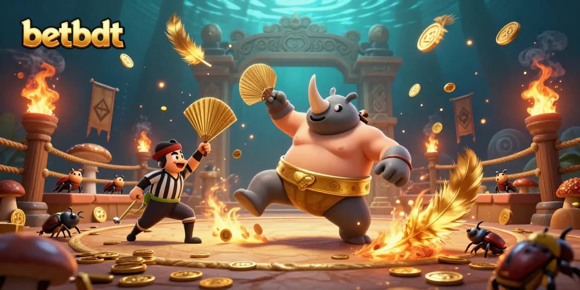 Betbdt unleashes thrilling action with a sumo beetle showdown, surrounded by golden coins.