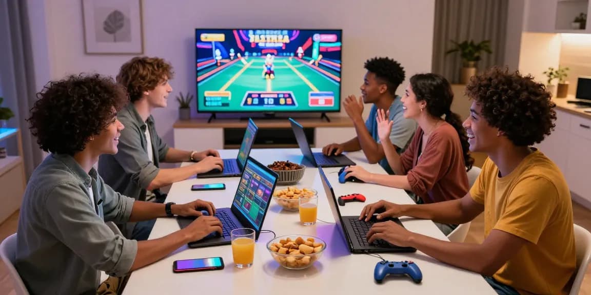 Group enjoying exciting gaming experience at Trang Chủ F168 with engaging atmosphere and modern setup.