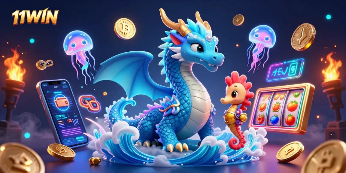 Experience thrilling gaming with 11WIN's vibrant casino visualization featuring a dragon and neon symbols.