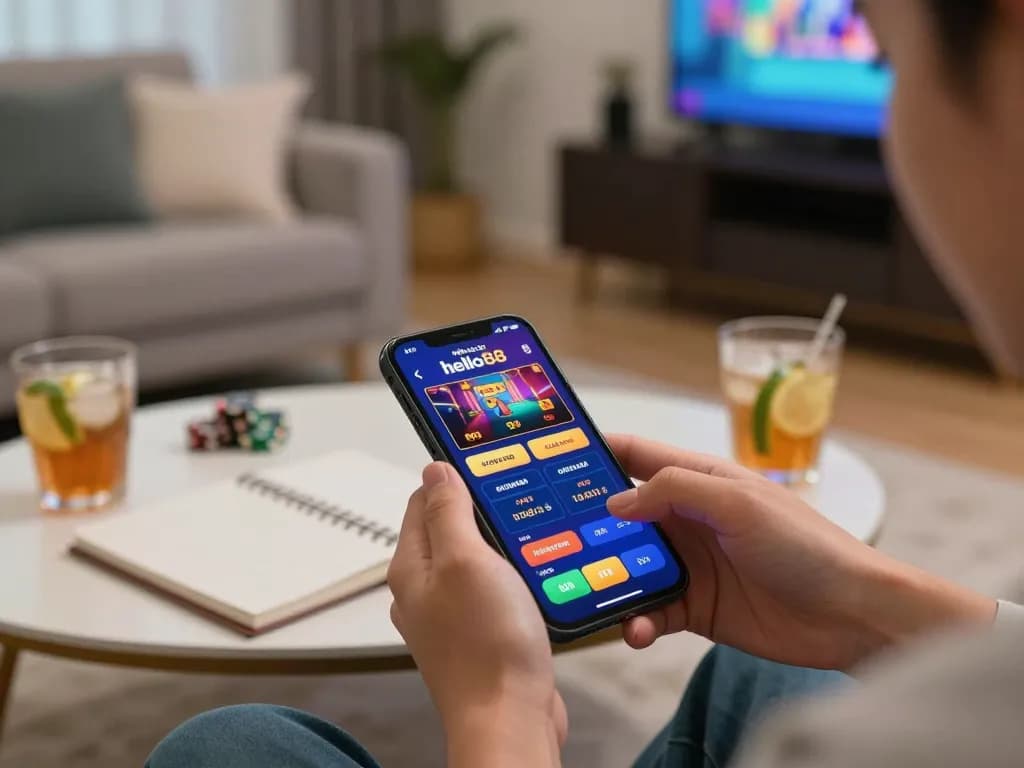 Person utilizing the nhà cái hello88 app for mobile gaming in a cozy home setting