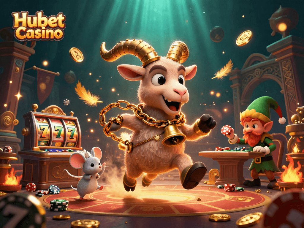 Experience thrills at Hubet Casino with cartoon characters in a festive casino scene filled with action and excitement.