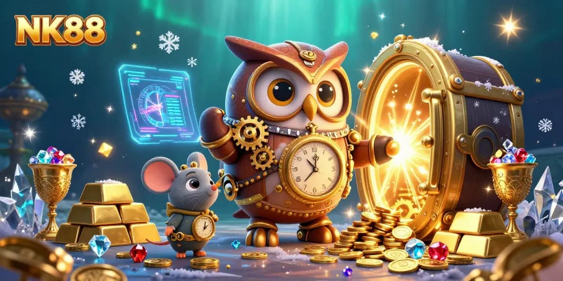 NK88 celebrates exciting wins in a vibrant 3D casino scene filled with treasures and steampunk characters.