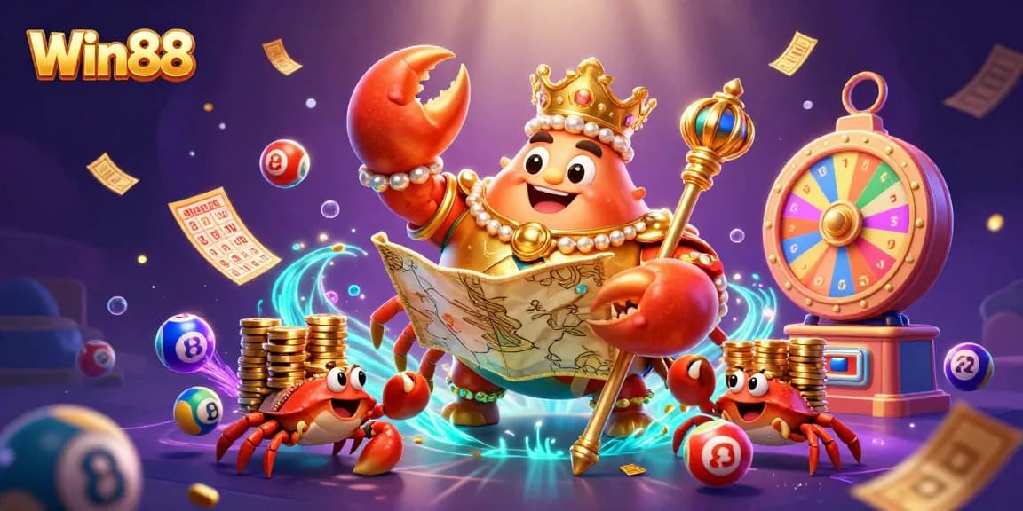 Win88 features a vibrant scene of a golden crab emperor amidst dynamic lottery elements in a colorful 3D illustration.