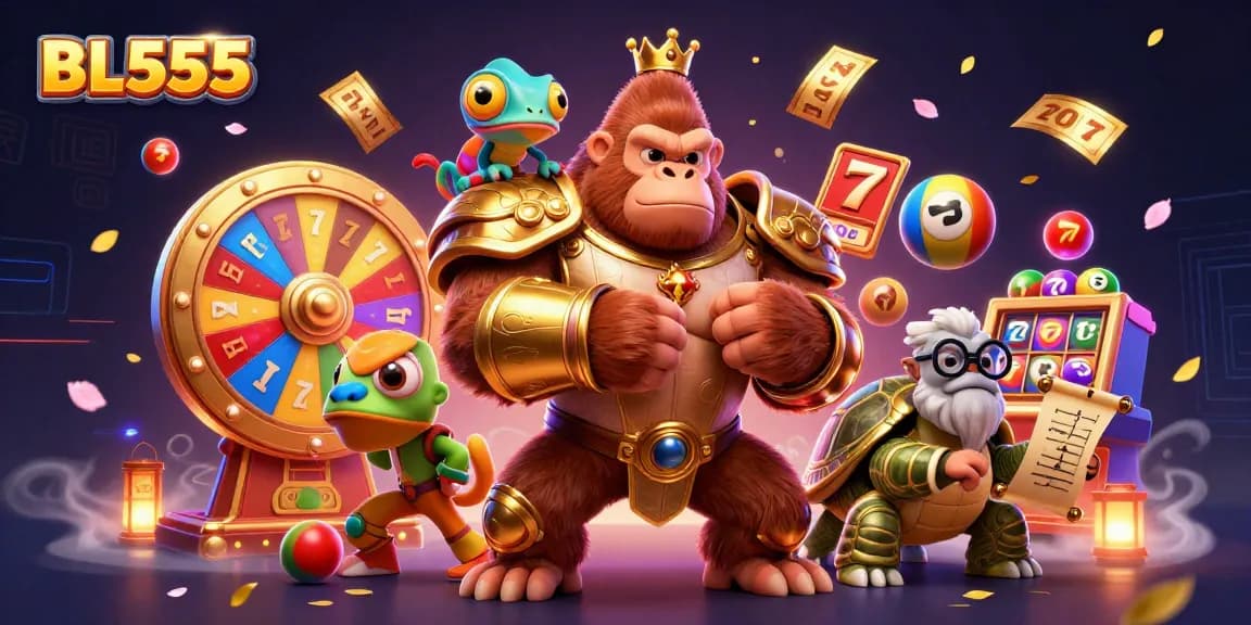 Experience BL555's thrilling online casino with colorful slot reels and dynamic game elements.