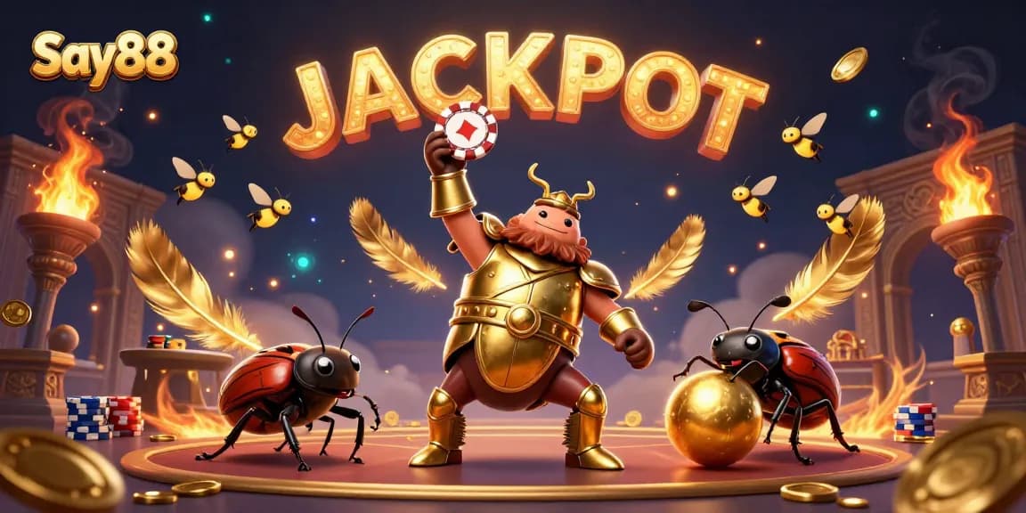Join the excitement at Say88, where a herculean beetle celebrates a jackpot in a vibrant casino environment.