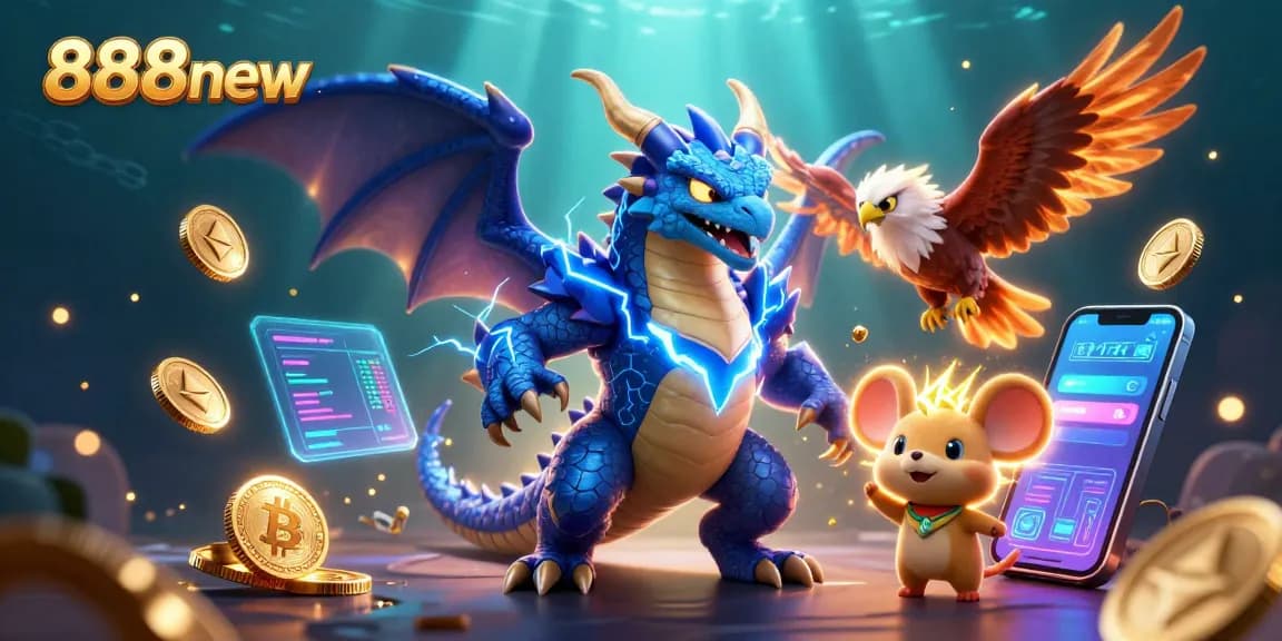 Engage in exciting gaming at 888new with dragon and hawk characters amidst neon elements.