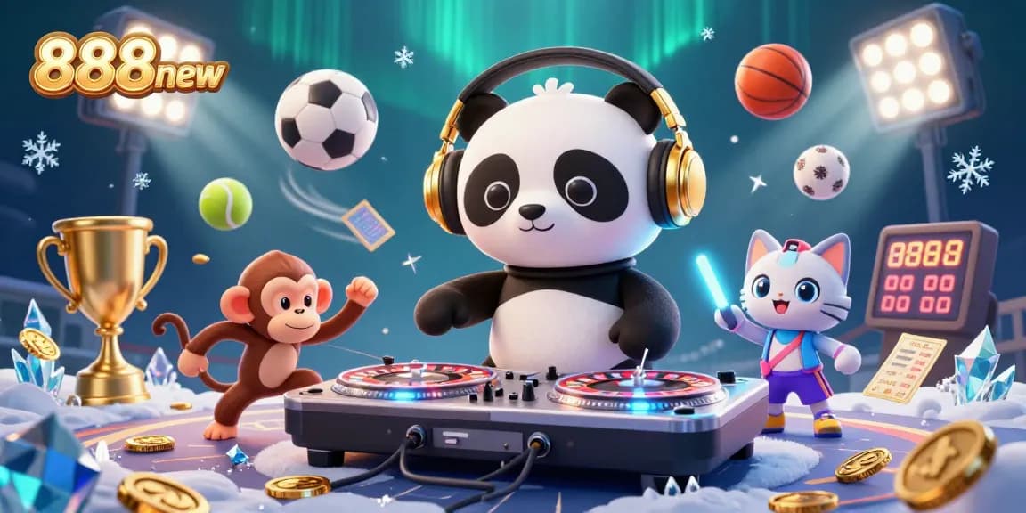 Engage with thrilling entertainment at 888new featuring a DJ panda, breakdancing monkey, and rave kitten in dynamic casino action.