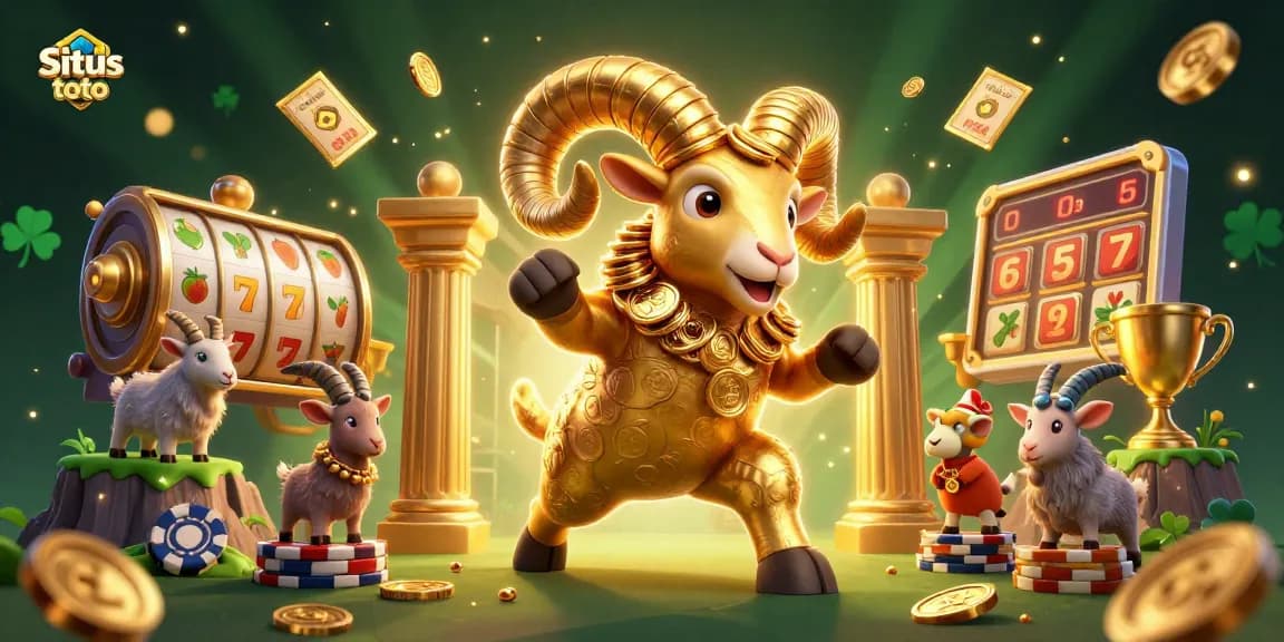 Engage with Situs toto's vibrant casino scene featuring a golden ram and dynamic slot machines.
