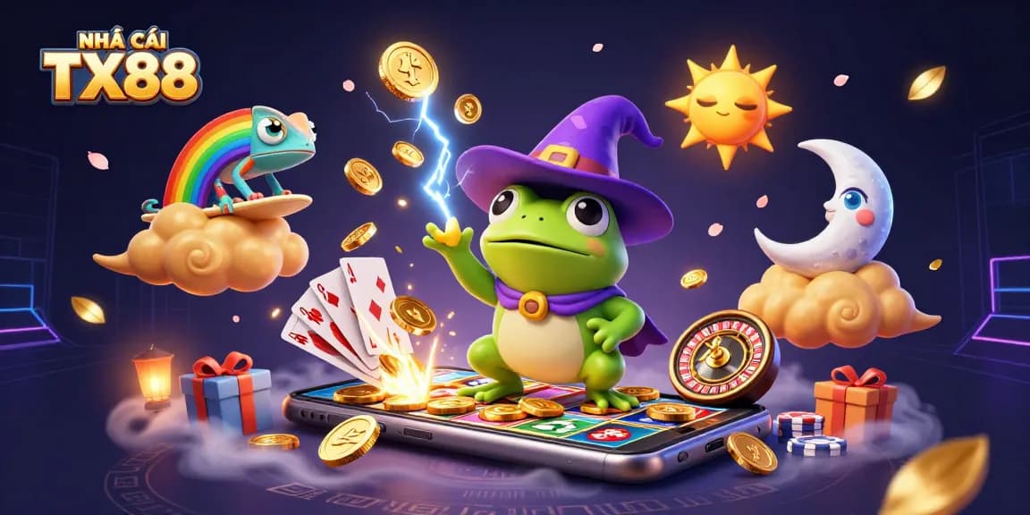 Experience thrilling gaming at NHÀ CÁI TX88 with vibrant coins and interactive games showcased.