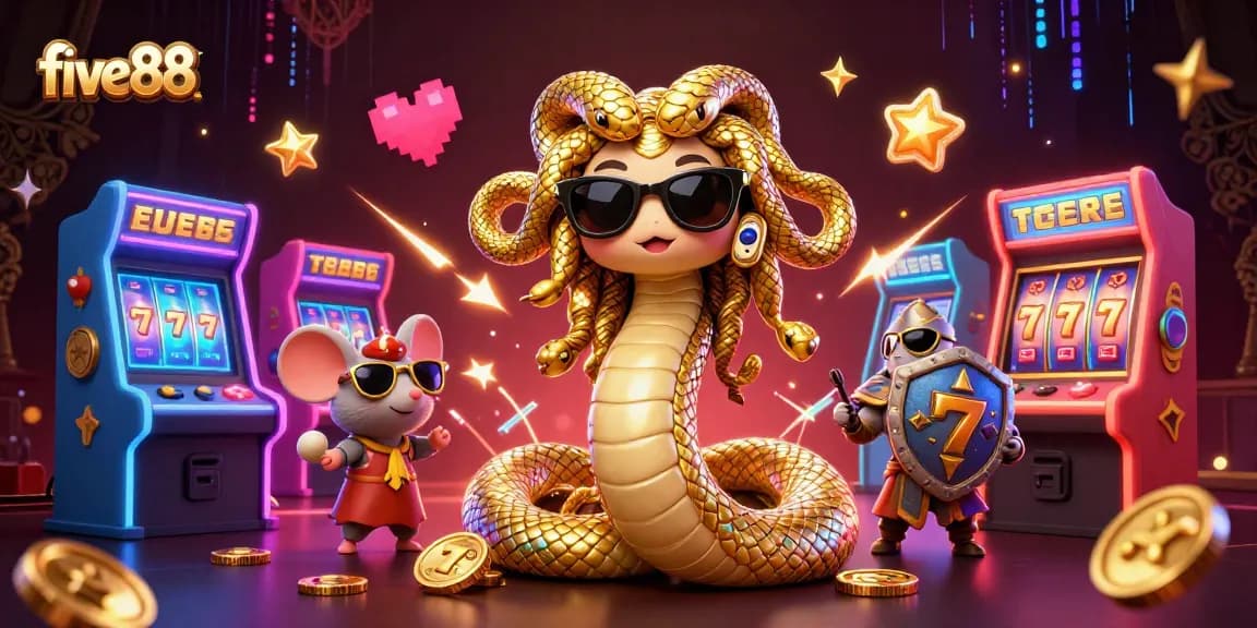Engage with five88's vibrant casino atmosphere through a rich 3D illustration featuring Medusa in a gaming scene.