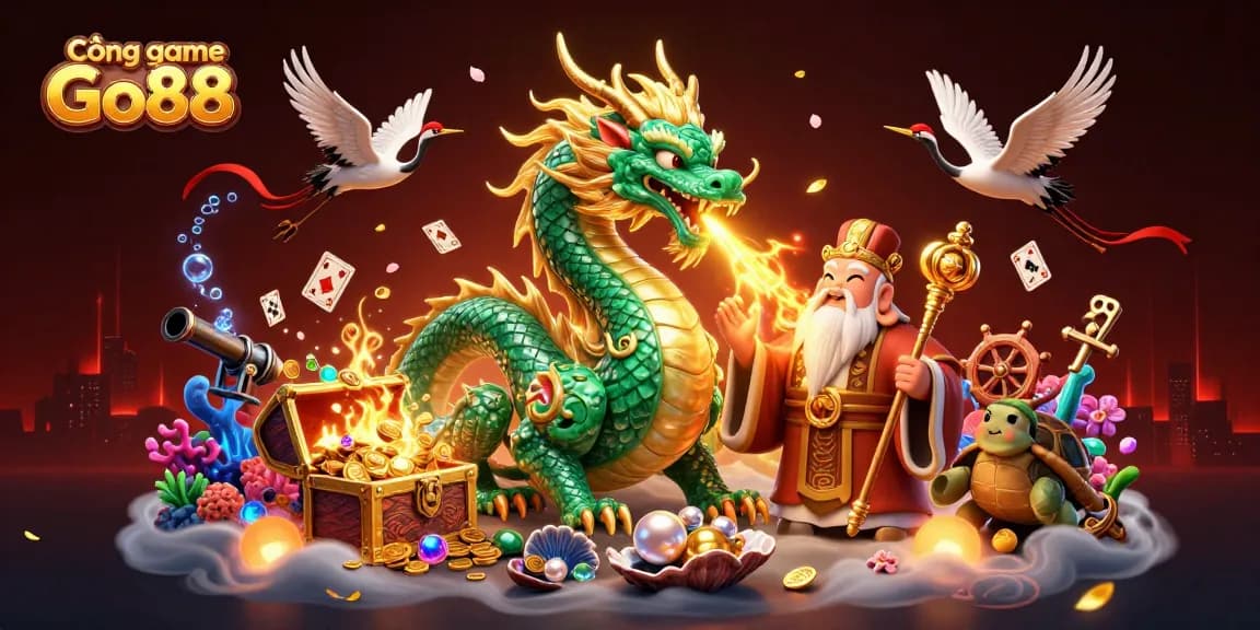Experience Cổng game Go88 with a vibrant fantasy scene featuring a jade dragon, turtle sage, and lucky cranes.
