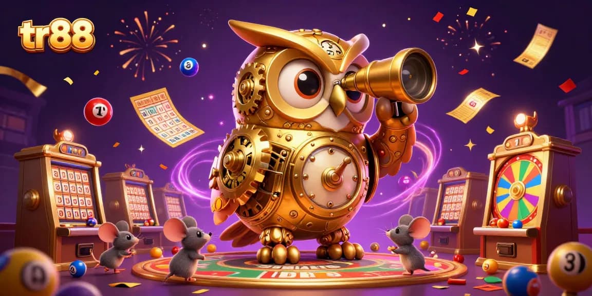Experience the thrill of tr88 with a lively 3D casino scene showcasing an owl, mice, and festive elements.