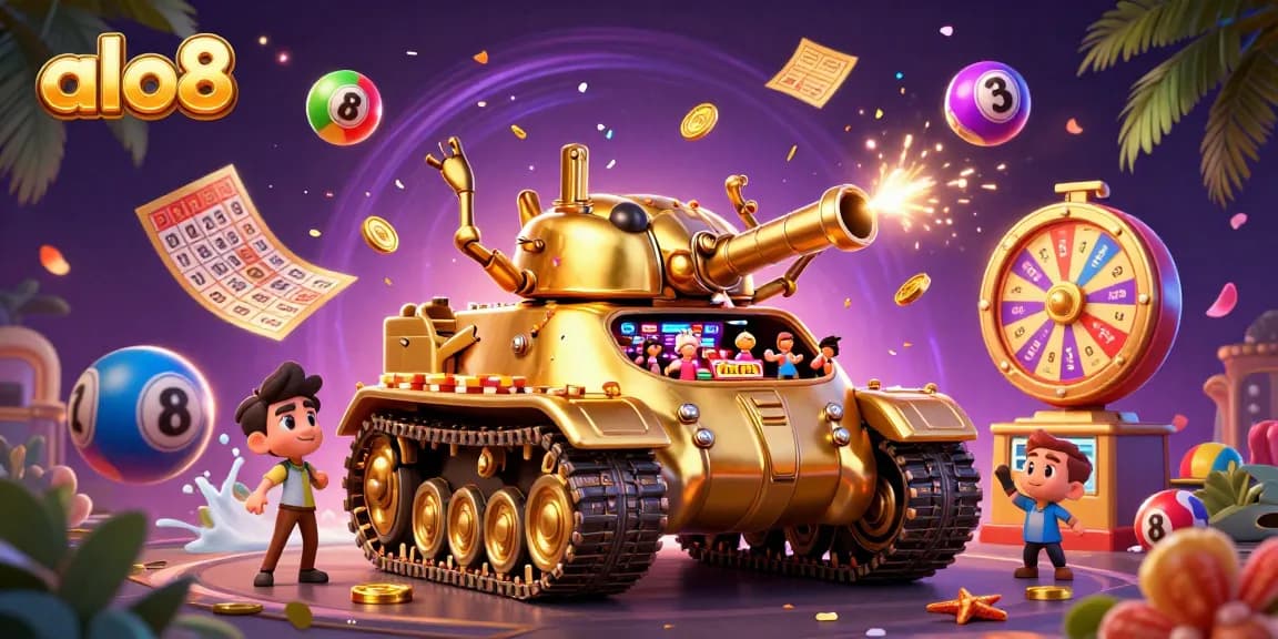 Experience excitement at alo8's vibrant casino scene featuring a golden beetle tank with miniature games.
