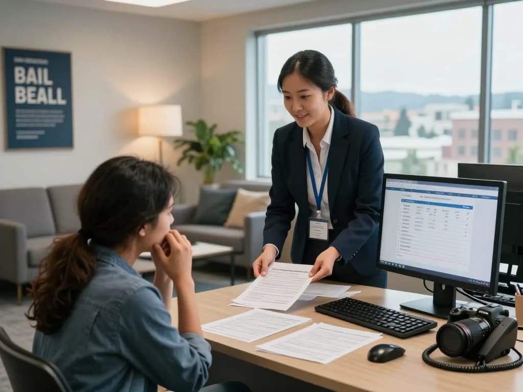 Bail Bonds professional assisting a distressed family in a modern office, creating a compassionate and supportive atmosphere.