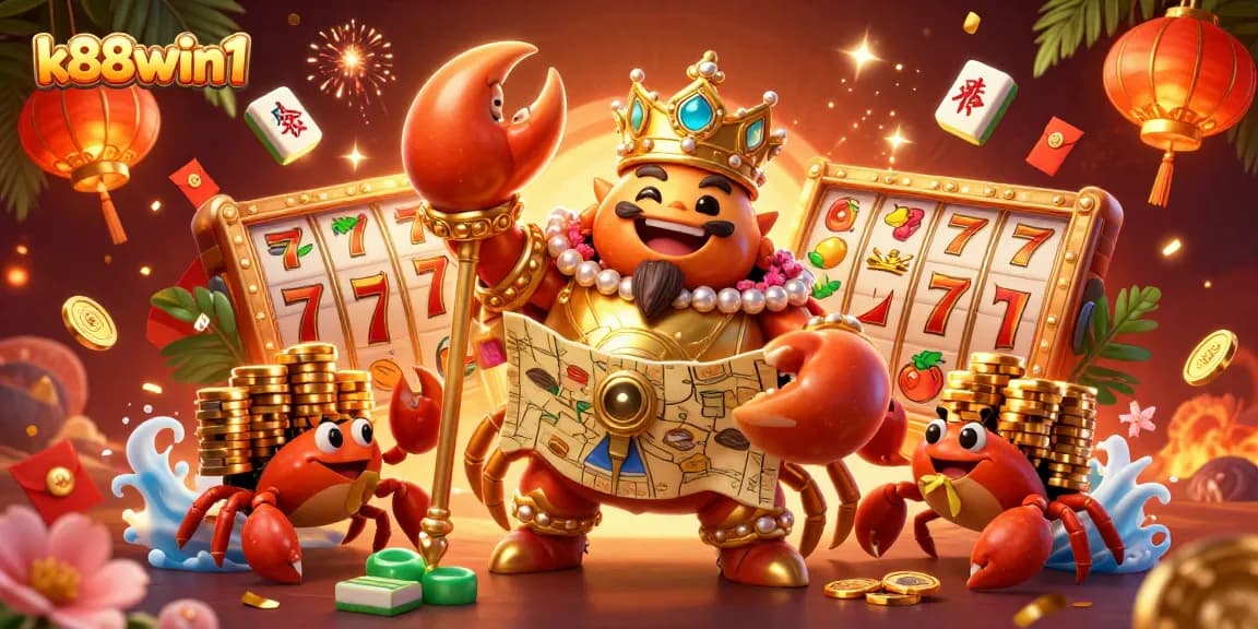 Experience thrilling slots at k88win1 with a golden crab emperor and vibrant casino elements