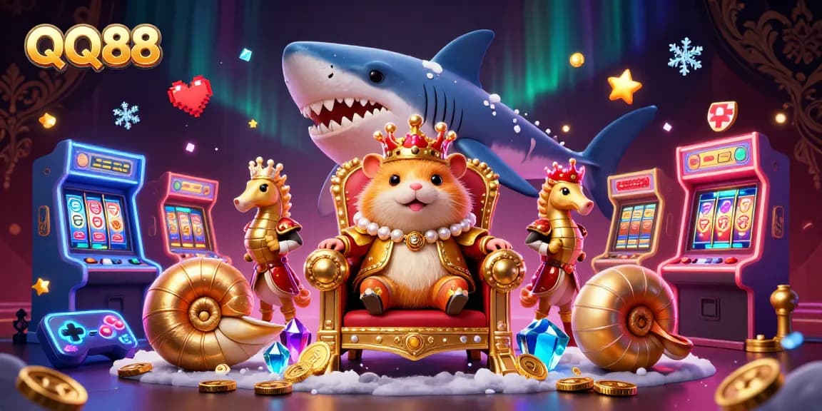 Engage with QQ88's thrilling gambling experience featuring a golden hamster king and vibrant casino elements.