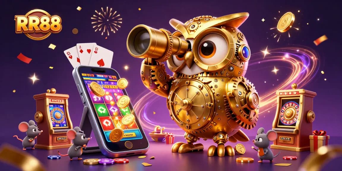 Experience RR88's vibrant casino atmosphere with cartoon characters exploring a captivating gaming floor.