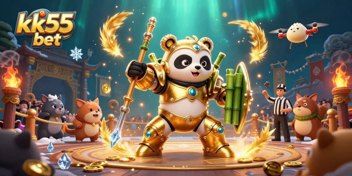 Engage with kk55 bet in a dynamic 3D casino scene featuring a mech-suit panda and vibrant gaming elements.