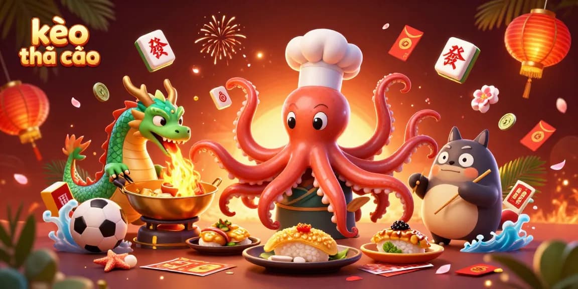 Engage with kèo nhà cái while enjoying dynamic betting scenes featuring animated octopus chef and dragon!